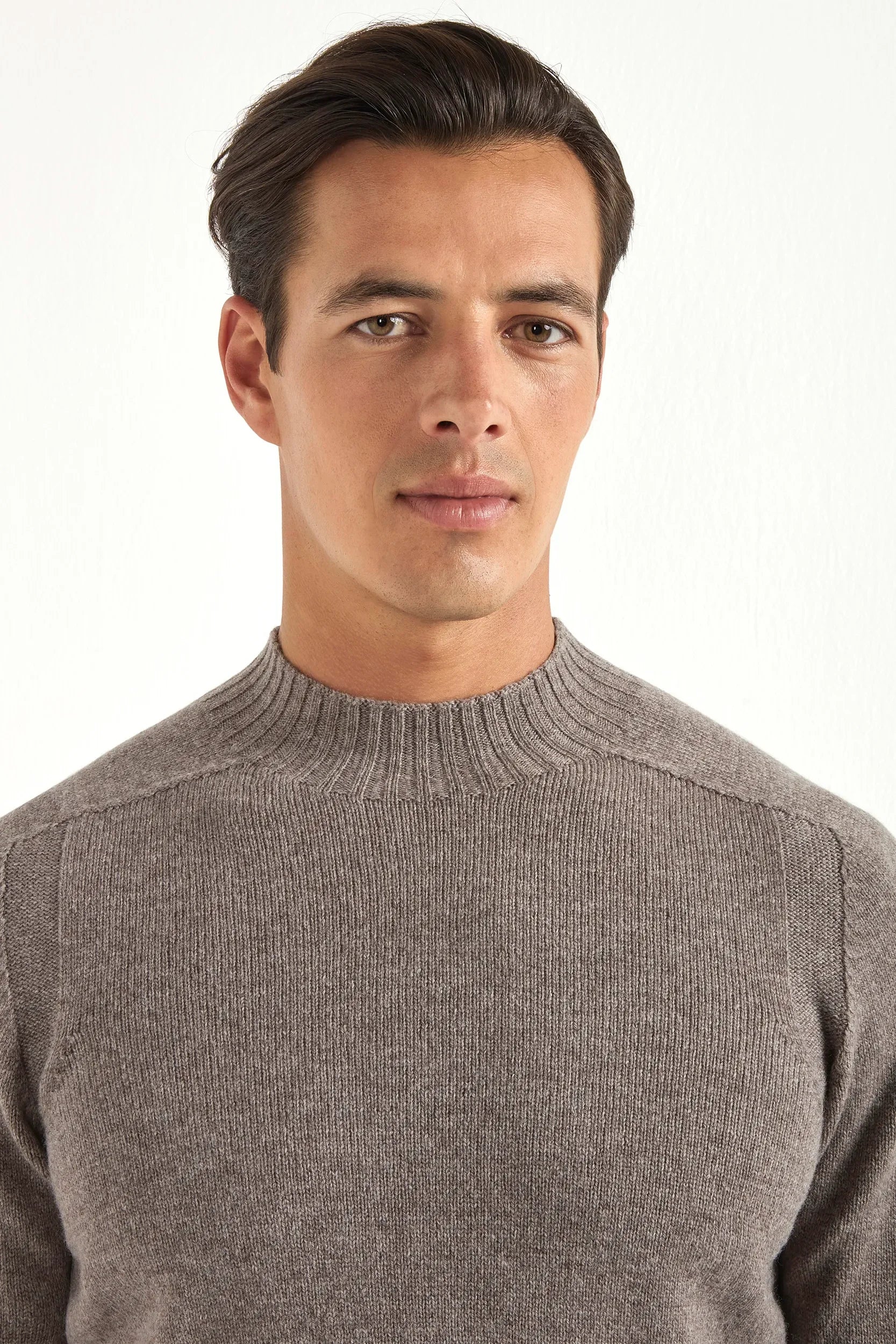 Taupe stand-up collar