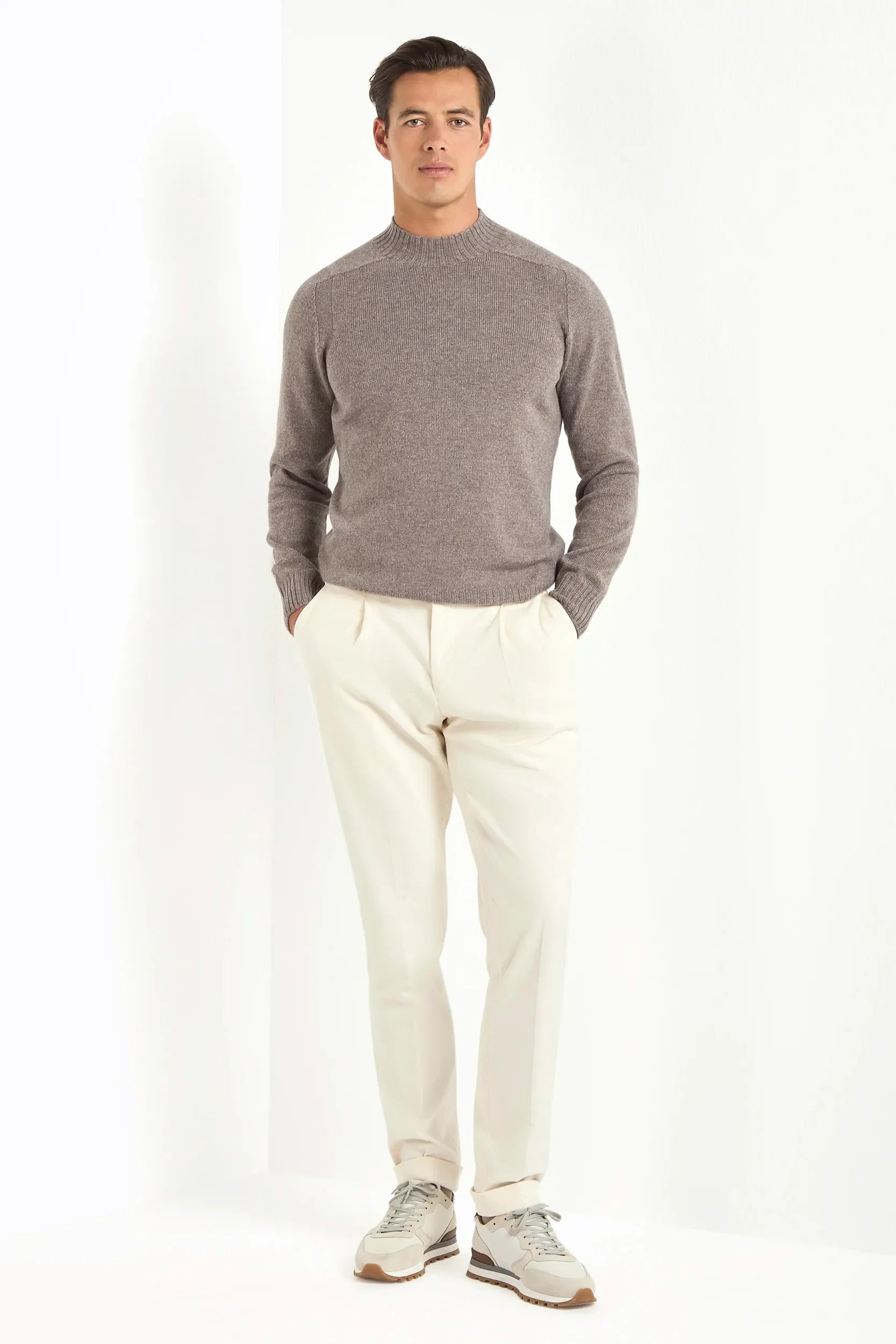 Taupe stand-up collar