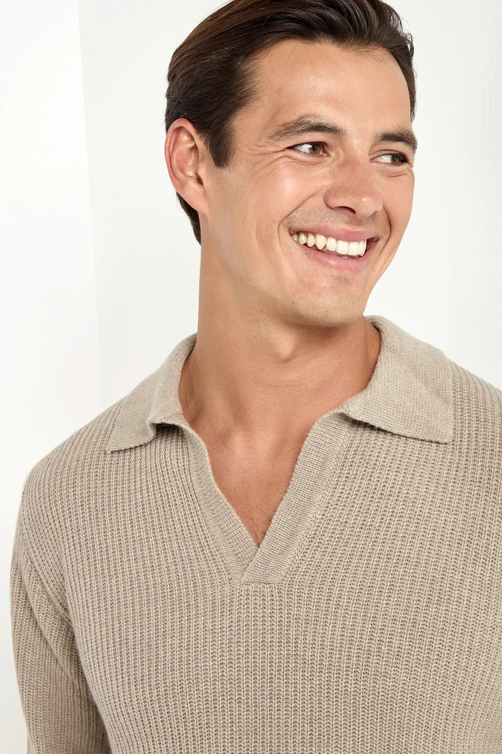 Taupe ribbed cashmere blend polo shirt