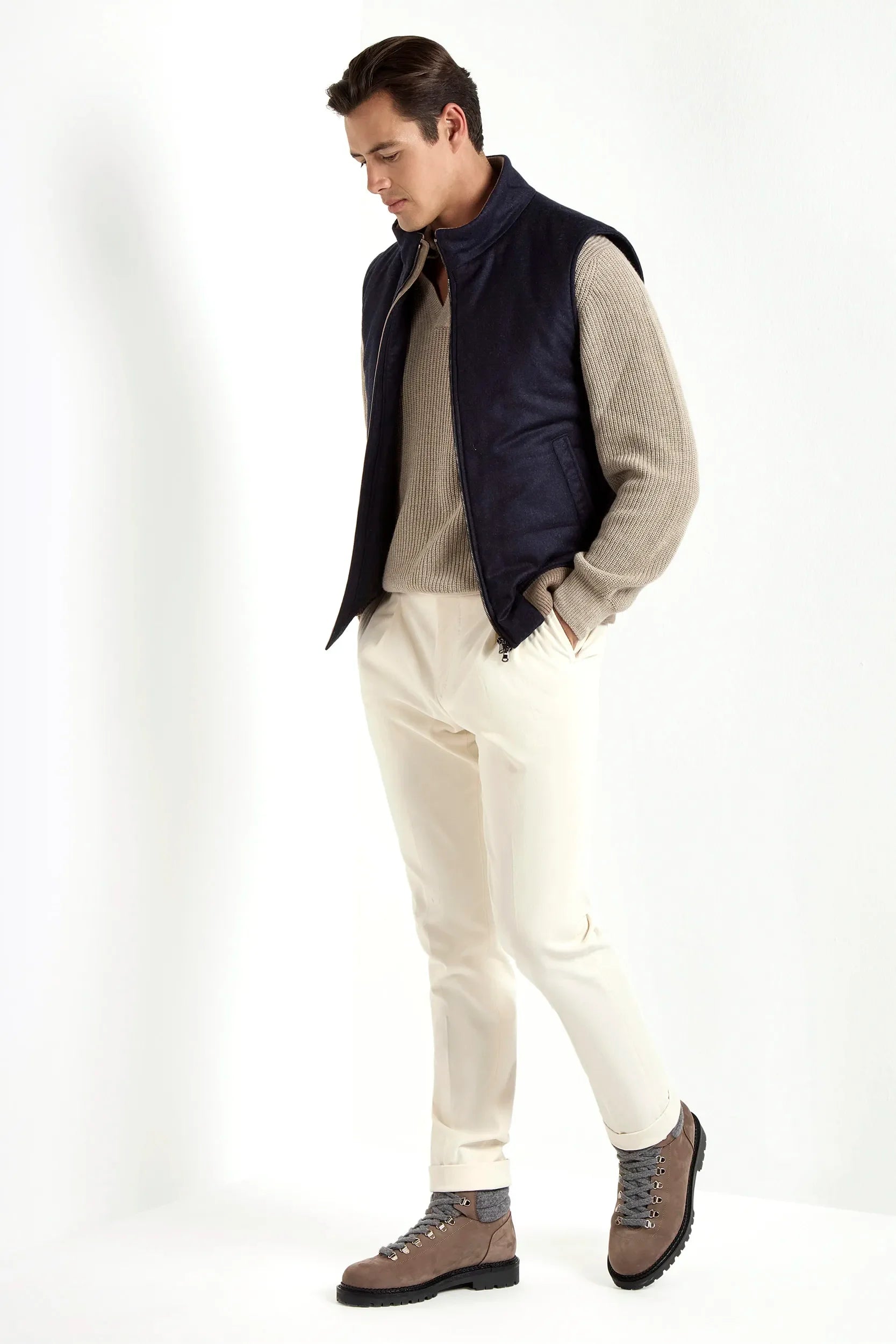 Taupe ribbed cashmere blend polo shirt
